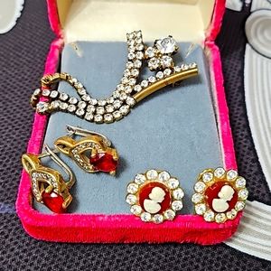 3 vintage pieces, Coro earrings, gold filled earrings w/red glass stones,brooch